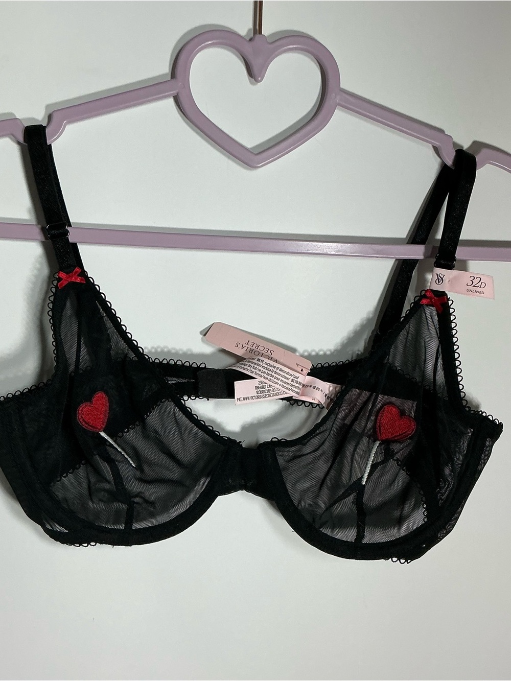 Victoria's Secret Black Sheer Underwire Bra with Red Heart Appliqués 32 D